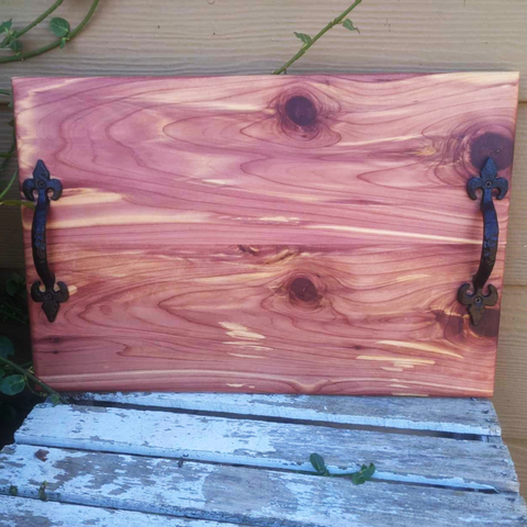 Red Cedar Charcuterie Board with Wrought Iron Handles & Clear Rubber Grip Feet