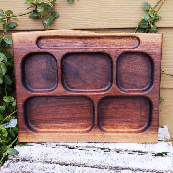 Black Walnut Wood Divided Food Plate with Compartments, Wooden Dinner Tray