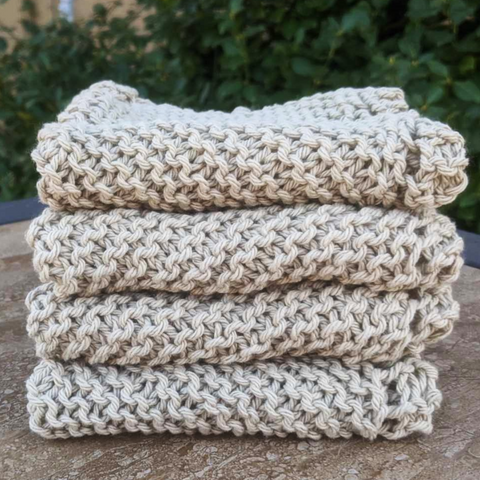 Set of Four Hand-Knit Washcloths, 100% Cotton Dishrags Tan, Beige