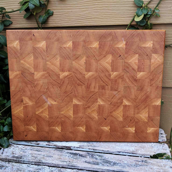 Cherry Wood End Grain Cutting Board with Hand Grooves on Sides & Beveled Edge, Wooden Butcher Block Board