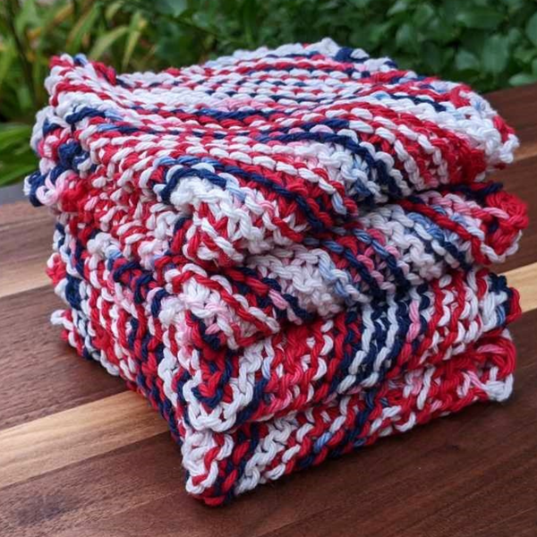 Set of Four Hand-Knit Washcloths, 100% Cotton Dishrags Red, White, & Blue