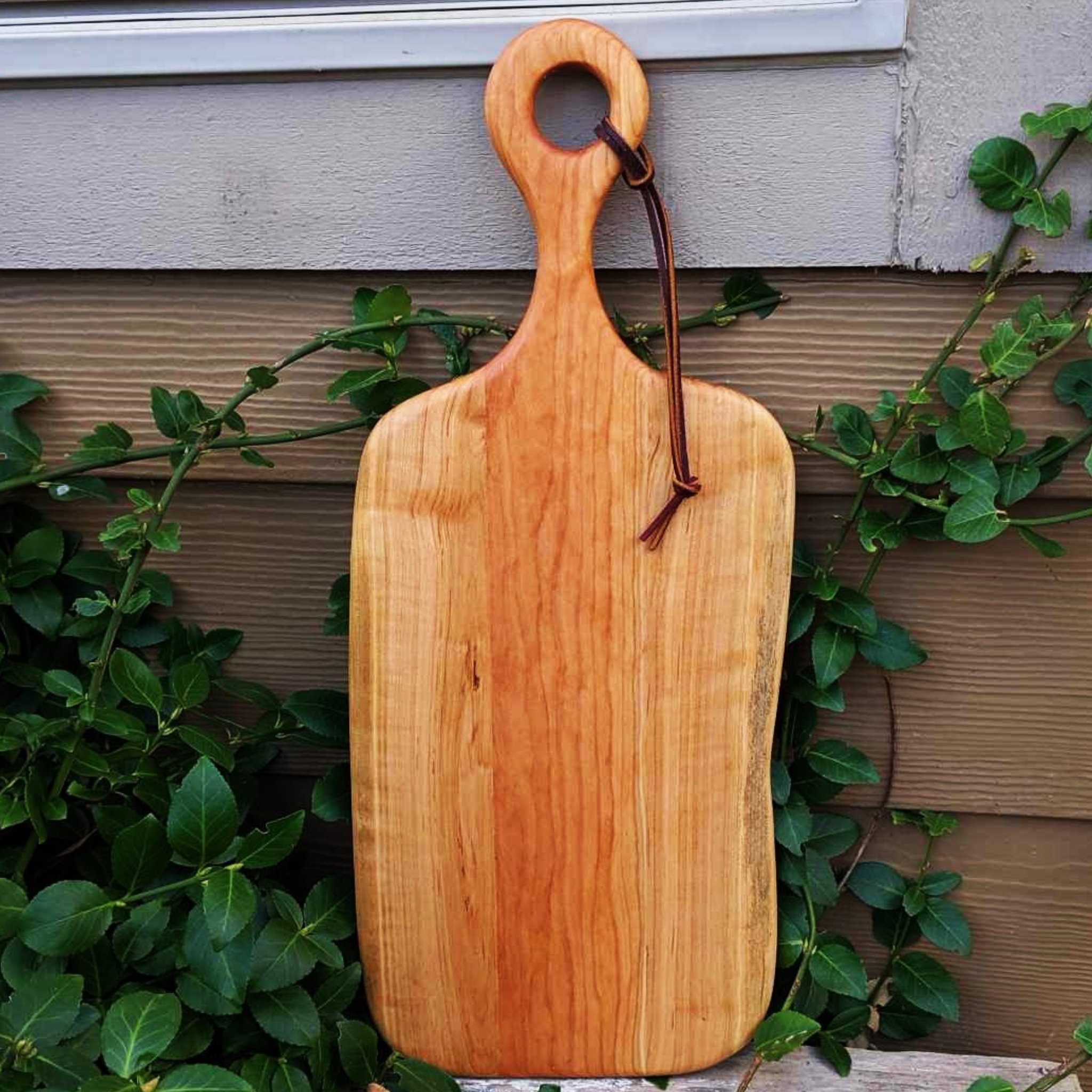 Cherry Wood Charcuterie Board With Handle & Leather Strap Wooden Serving Tray