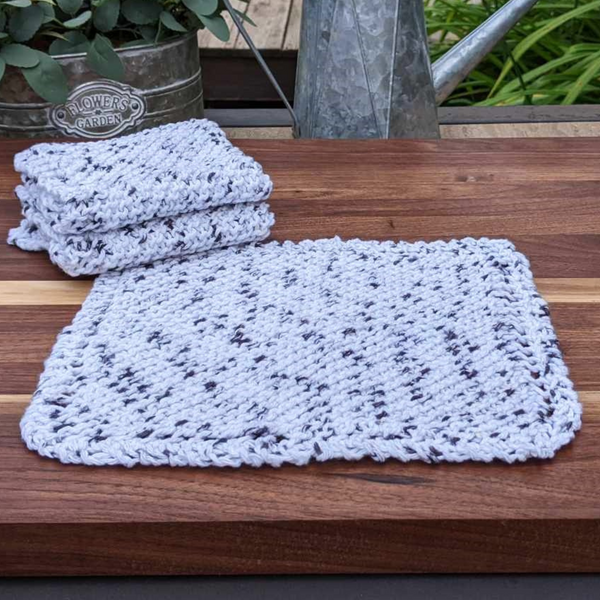 Set of Three Hand-Knit Washcloths, 100% Cotton Dishrags, Dark Gray & Off-White