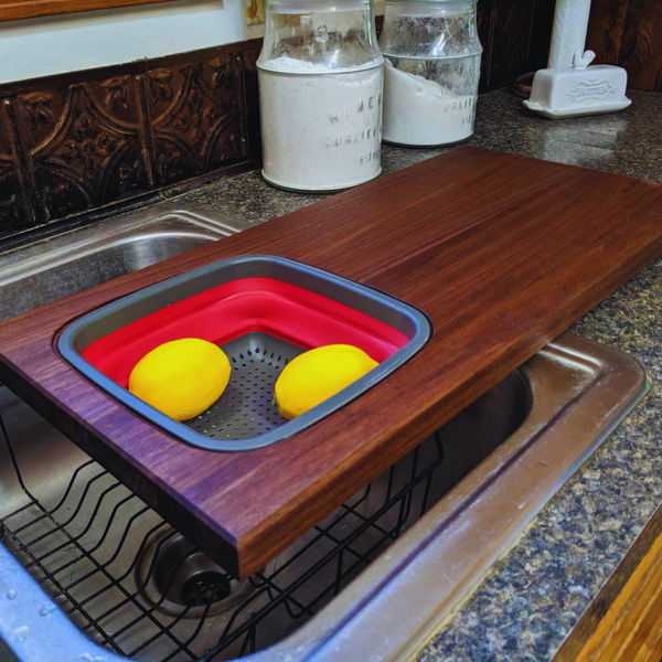 Large Over The Sink Black Walnut Edge Grain Cutting Board with Colander and Clear Rubber Grip Feet