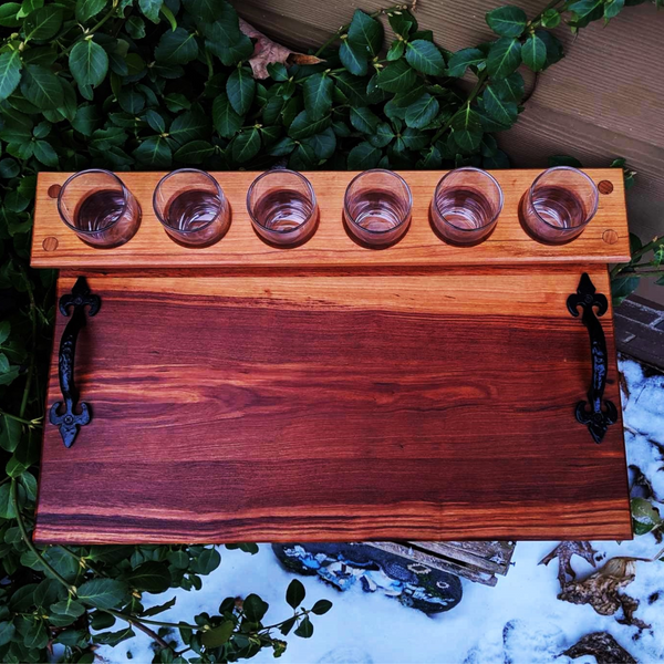 Spalted Cherry Wood Beer Flight Charcuterie Board with 5.5 oz. Taster Glasses, Stainless Steel Sauce Cups, Cast Iron Handles, & Clear Rubber Grip Feet