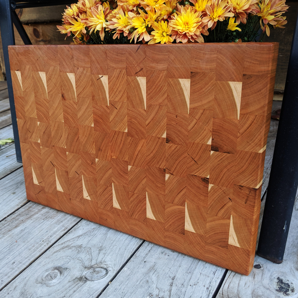 Large Cherry Wood End Grain Cutting Board with Hand Grooves and a Beveled Edge, Wooden Butcher Block Board