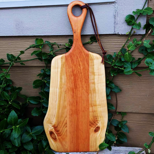 Cherry Wood Charcuterie Board With Handle & Leather Strap Wooden Serving Tray