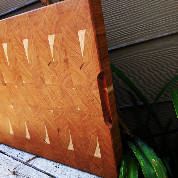 Large Cherry Wood End Grain Cutting Board with Hand Grooves and a Beveled Edge, Wooden Butcher Block Board