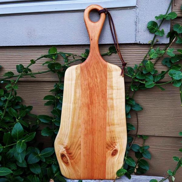 Cherry Wood Charcuterie Board With Handle & Leather Strap Wooden Serving Tray