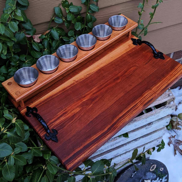 Spalted Cherry Wood Beer Flight Charcuterie Board with 5.5 oz. Taster Glasses, Stainless Steel Sauce Cups, Cast Iron Handles, & Clear Rubber Grip Feet