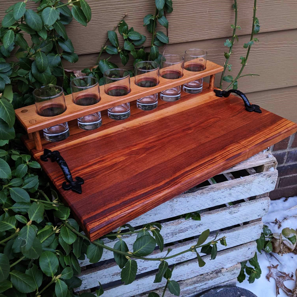 Spalted Cherry Wood Beer Flight Charcuterie Board with 5.5 oz. Taster Glasses, Stainless Steel Sauce Cups, Cast Iron Handles, & Clear Rubber Grip Feet