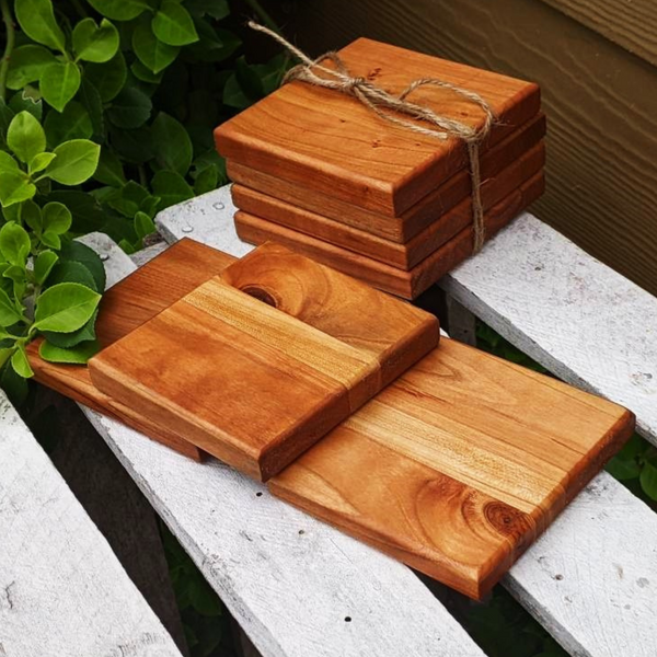 Set of Four Small Cherry Wood Drink Coasters | Wooden Beverage Coasters