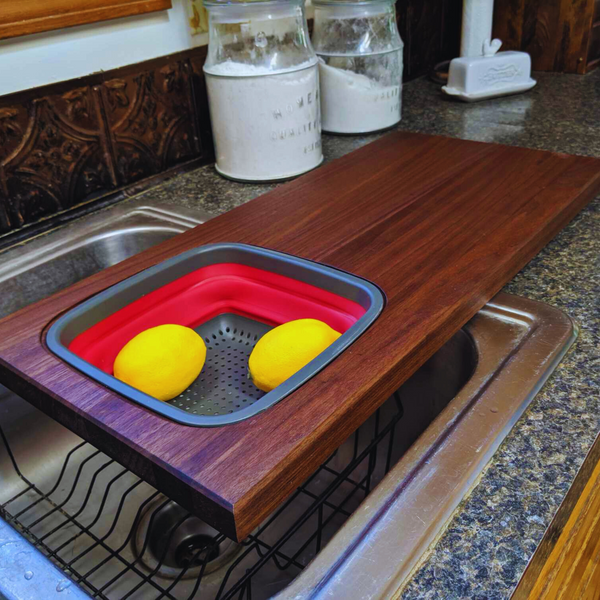 Large Over The Sink Black Walnut Edge Grain Cutting Board with Colander and Clear Rubber Grip Feet