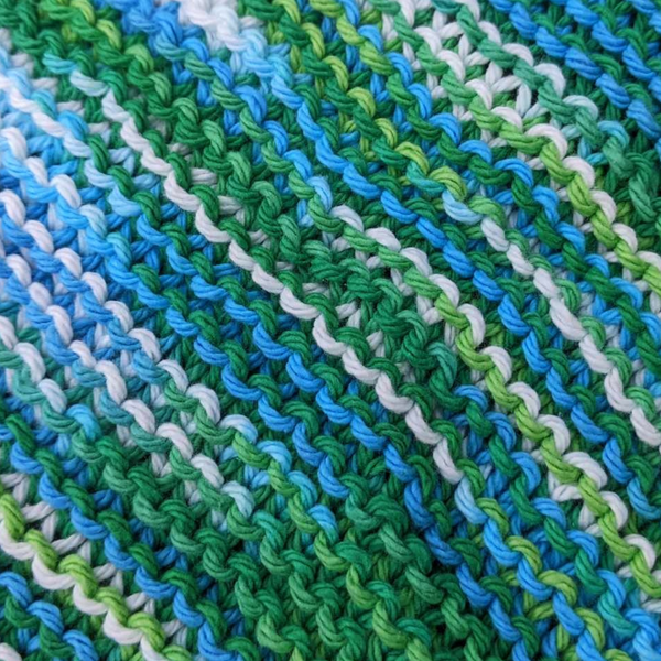 Set of Four Hand-Knit Washcloths, 100% Cotton Dishrags, Teal, Green, White & Blue