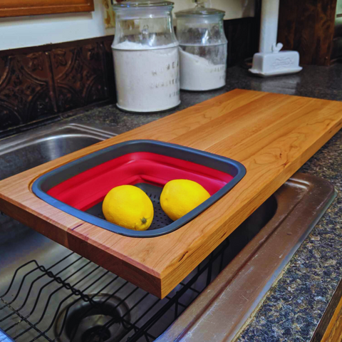 Cherry Wood Edge Grain Cutting Board with Colander and Clear Rubber Grip Feet