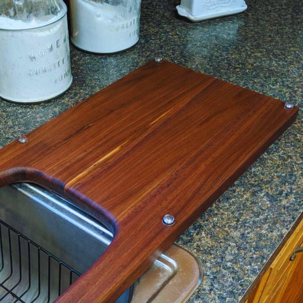 Large Over The Sink Black Walnut Edge Grain Cutting Board with Colander and Clear Rubber Grip Feet