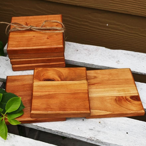 Set of Two Small Cherry Wood Drink Coasters | Wooden Beverage Coasters