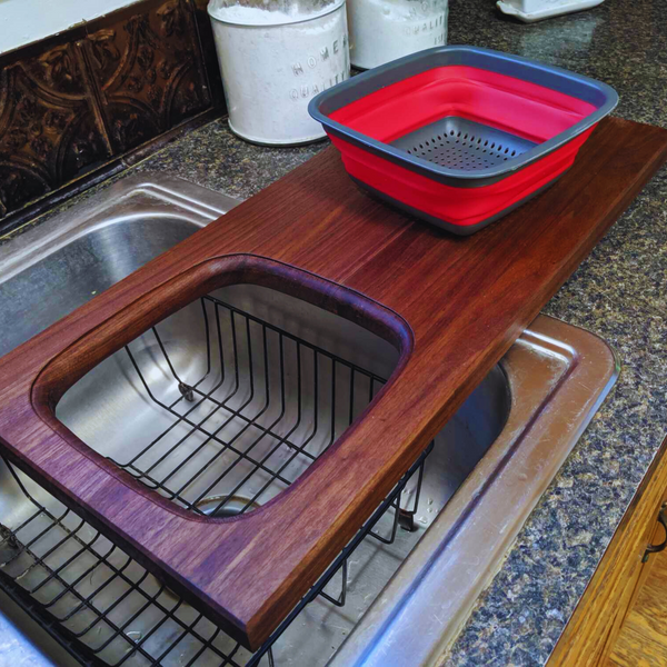 Large Over The Sink Black Walnut Edge Grain Cutting Board with Colander and Clear Rubber Grip Feet