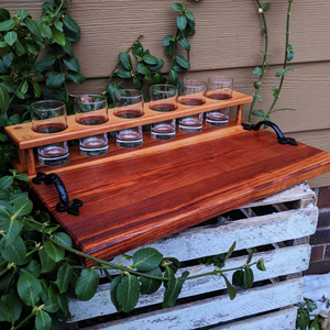 Spalted Cherry Wood Beer Flight Charcuterie Board with 5.5 oz. Taster Glasses, Stainless Steel Sauce Cups, Cast Iron Handles, & Clear Rubber Grip Feet