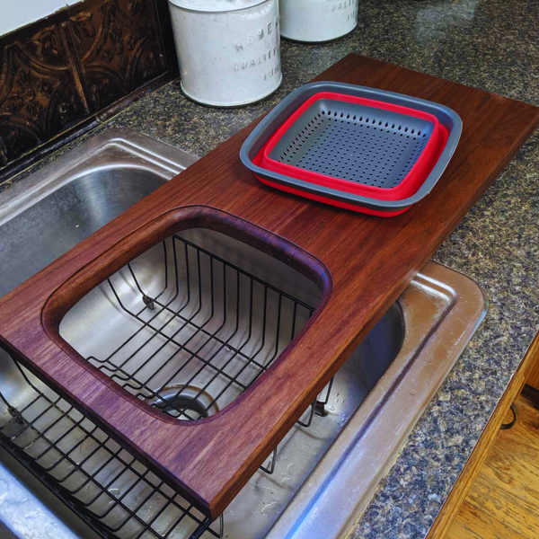 Large Over The Sink Black Walnut Edge Grain Cutting Board with Colander and Clear Rubber Grip Feet