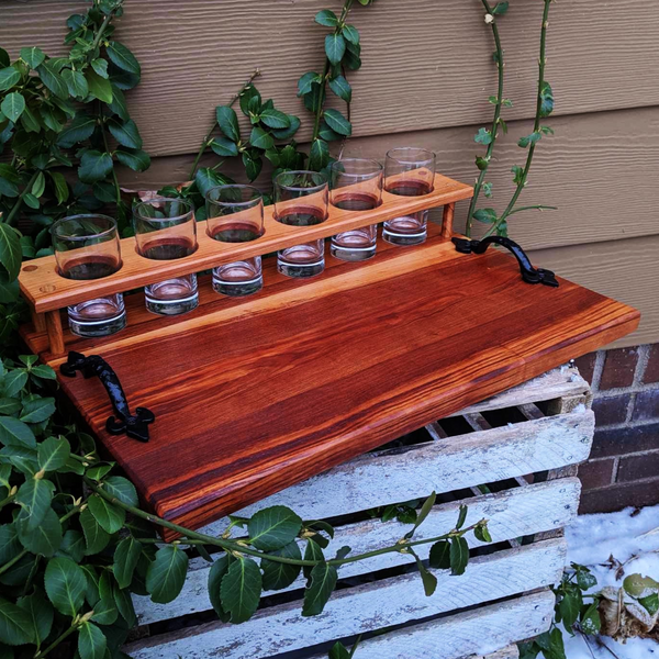 Spalted Cherry Wood Beer Flight Charcuterie Board with 5.5 oz. Taster Glasses, Stainless Steel Sauce Cups, Cast Iron Handles, & Clear Rubber Grip Feet