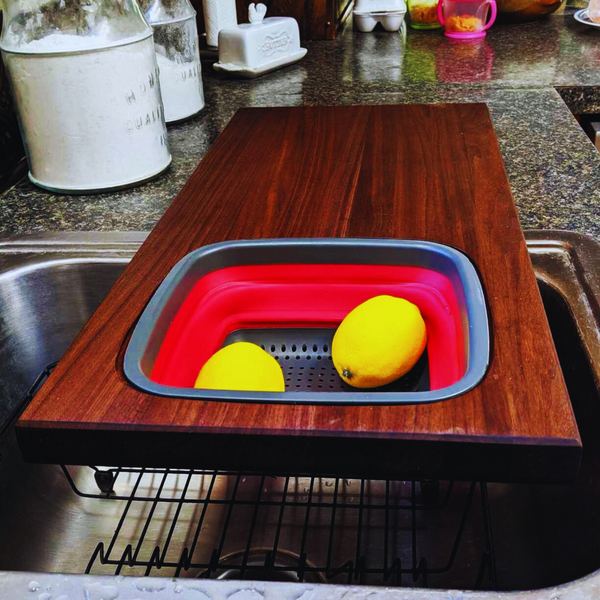 Large Over The Sink Black Walnut Edge Grain Cutting Board with Colander and Clear Rubber Grip Feet