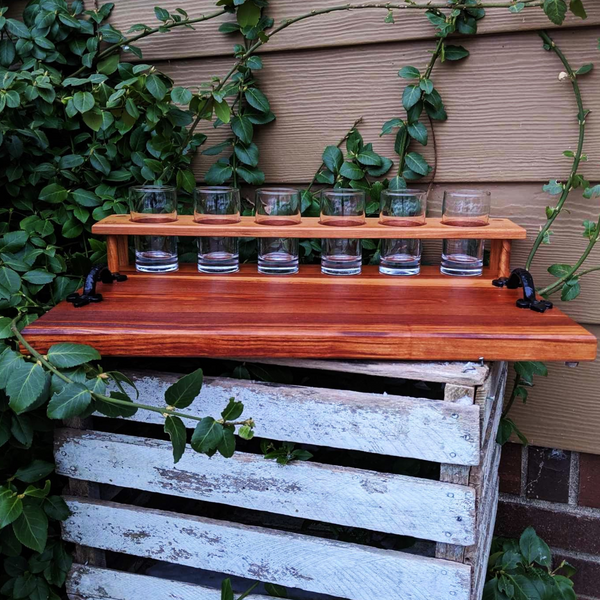 Spalted Cherry Wood Beer Flight Charcuterie Board with 5.5 oz. Taster Glasses, Stainless Steel Sauce Cups, Cast Iron Handles, & Clear Rubber Grip Feet