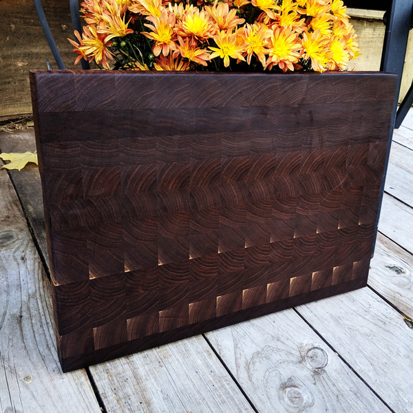 Large Black Walnut Wood End Grain Cutting Board with Hand Grooves, Wooden Butcher Board
