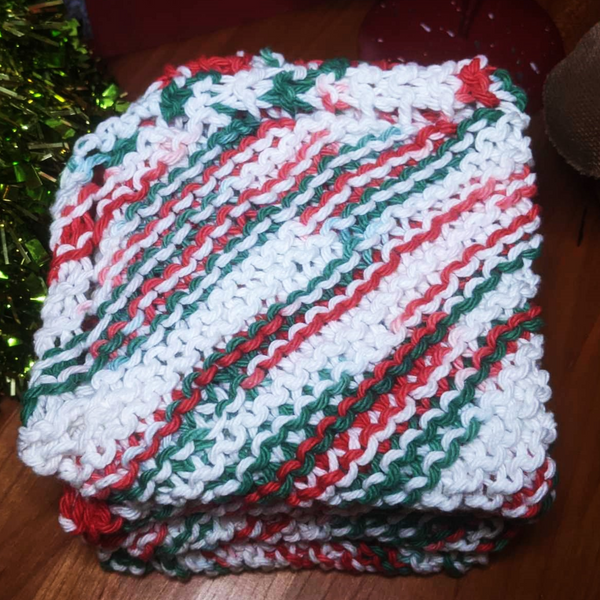 Four Hand-Knit Washcloths, 100% Cotton Dishrags, "Mistletoe" Christmas Red, Green, & White