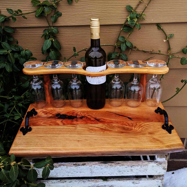 Spalted Cherry Wood Wine Charcuterie Board with Six Wine Glasses, Cast Iron Handles, & Clear Rubber Grip Feet