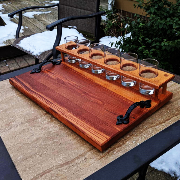 Spalted Cherry Wood Beer Flight Charcuterie Board with 5.5 oz. Taster Glasses, Stainless Steel Sauce Cups, Cast Iron Handles, & Clear Rubber Grip Feet