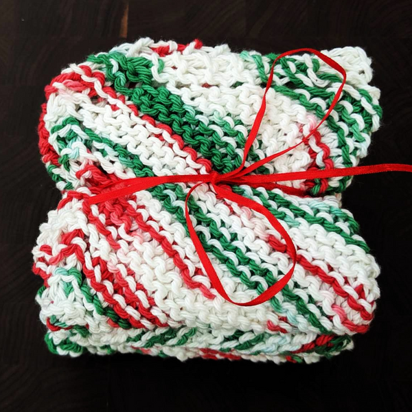 Four Hand-Knit Washcloths, 100% Cotton Dishrags, "Mistletoe" Christmas Red, Green, & White