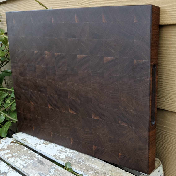 Large Black Walnut Wood End Grain Cutting Board with Hand Grooves, Wooden Butcher Board