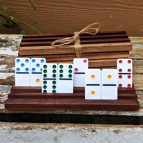 Set of FOUR Mini Black Walnut Wood Domino Holders with 3 Angled Domino Slots, Set of 4 Small Wooden Domino Rack Stands.