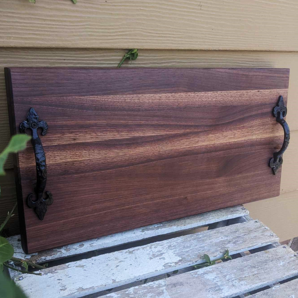 Black Walnut Charcuterie Board / Serving Tray With Heavy Duty Cast Iron Handles & Clear Rubber Grip Feet