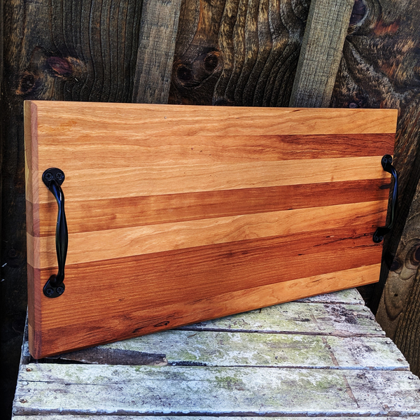 Spalted Cherry Wood Charcuterie Board with Sturdy Cast Iron Handles & Clear Rubber Grip Feet Wooden Cheese Serving Tray