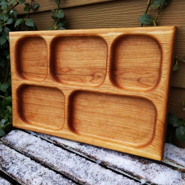 Cherry Wood Divided Food Plate with Compartments, Wooden Dinner Tray