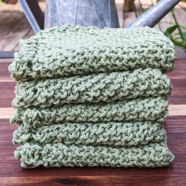 Set of Four Hand-Knit Washcloths, 100% Cotton Dishrags, Sage Green
