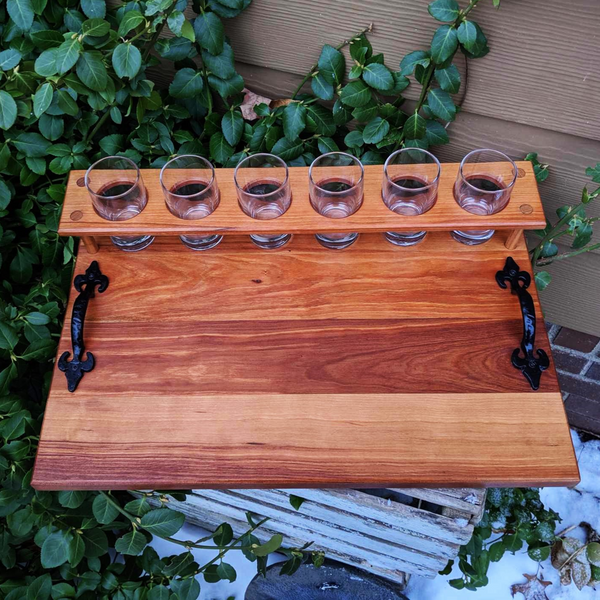 Spalted Cherry Wood Beer Flight Charcuterie Board with 5.5 oz. Taster Glasses, Stainless Steel Sauce Cups, Cast Iron Handles, & Clear Rubber Grip Feet