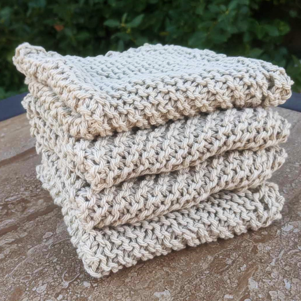 Set of Four Hand-Knit Washcloths, 100% Cotton Dishrags Tan, Beige