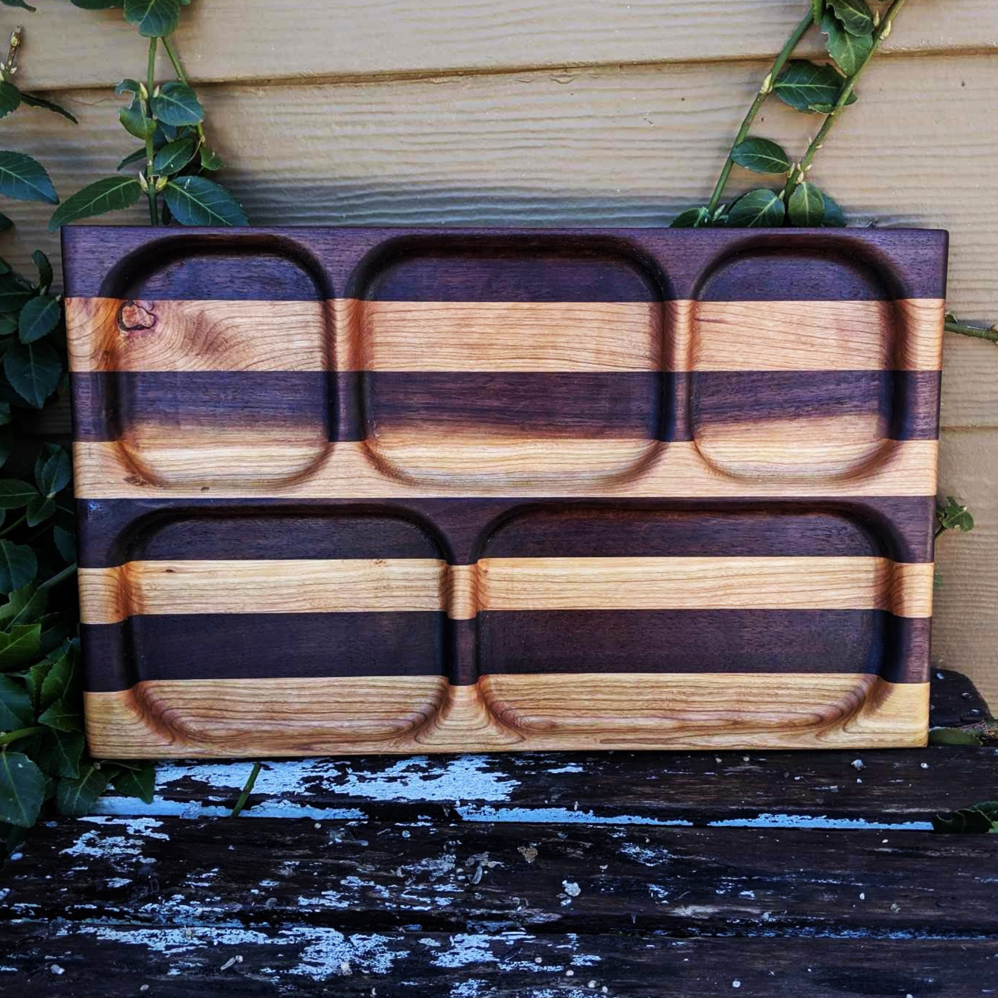 Cherry Wood & Black Walnut Wooden Divided Food Plate with Compartments, Dinner Trays