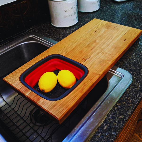 Over the Sink Cherry Wood Edge Grain Cutting Board with Colander and Clear Rubber Grip Feet