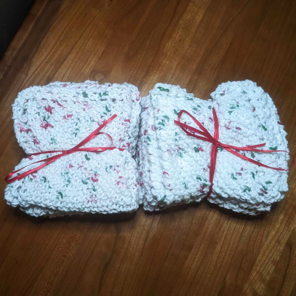 Four Hand-Knit Washcloths, 100% Cotton Dishrags, "Holly Jolly" Christmas Red, Green, & White