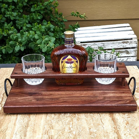 Black Walnut Wood Whiskey Charcuterie Tray with Whiskey Glasses, Cast Iron Handles, & Clear Rubber Grip Feet