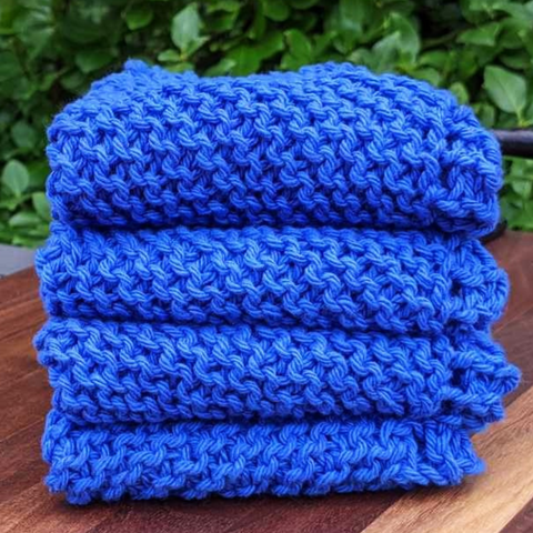 Set of Four Hand-Knit Washcloths, 100% Cotton Dishrags Bright Cobalt Blue