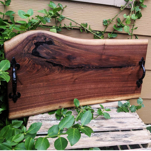 Large Black Walnut Live Edge Charcuterie Board Serving Tray With Handles & Clear Rubber Grip Feet.