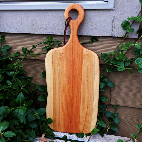 Cherry Wood Charcuterie Board With Handle & Leather Strap Wooden Serving Tray