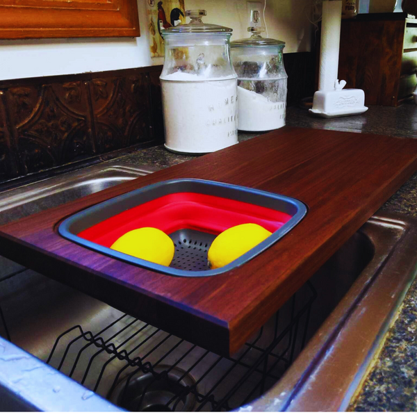 Large Over The Sink Black Walnut Edge Grain Cutting Board with Colander and Clear Rubber Grip Feet