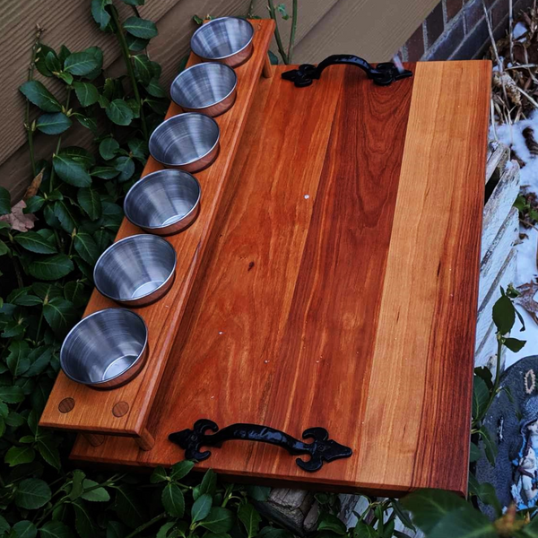 Spalted Cherry Wood Beer Flight Charcuterie Board with 5.5 oz. Taster Glasses, Stainless Steel Sauce Cups, Cast Iron Handles, & Clear Rubber Grip Feet