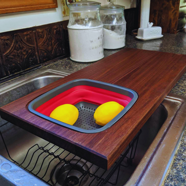 Large Over The Sink Black Walnut Edge Grain Cutting Board with Colander and Clear Rubber Grip Feet